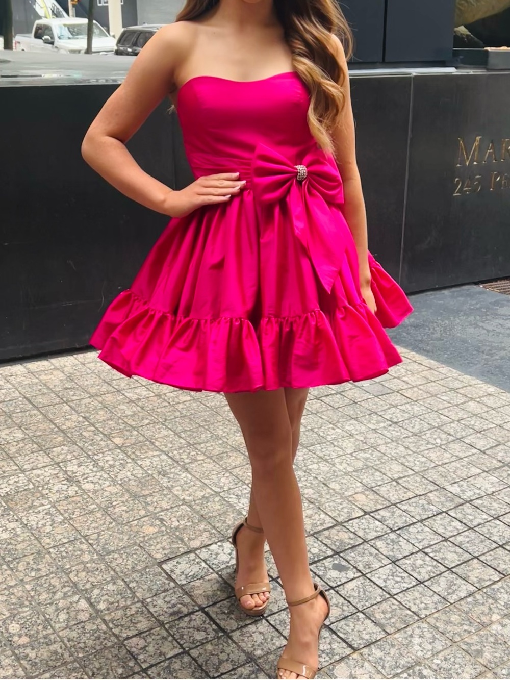 Sherri hill Strapless Hot Pink Party Dress with Bow